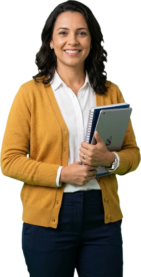 Coordenadora pedagógica de cardigã mostarda segurando um tablet e um caderno, sorrindo