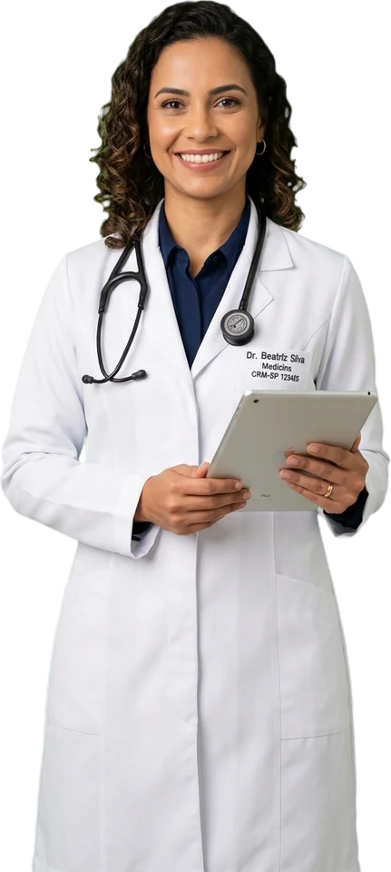 Médica de jaleco branco e estetoscópio segurando um tablet, sorrindo
