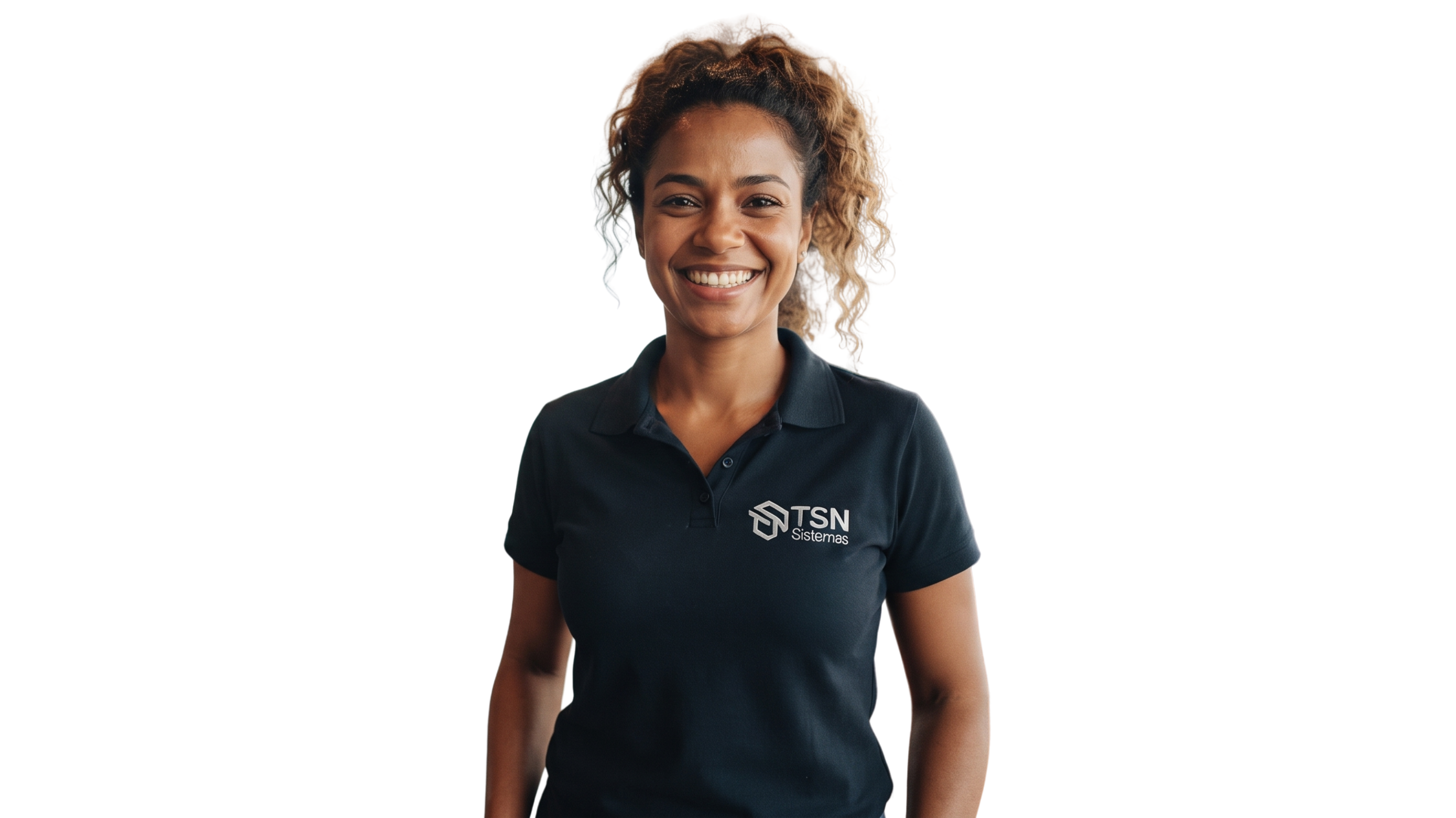 Integrante da equipe TSN Sistemas, de polo com o logo da marca, sorrindo
